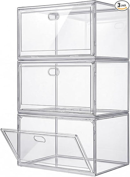 3-Pack Clear Stackable Shoe Display Cases – Large Plastic Storage Bins with Magnetic Door for Size 14 Sneakers, Organizer for Handbags, Collectibles & Closet