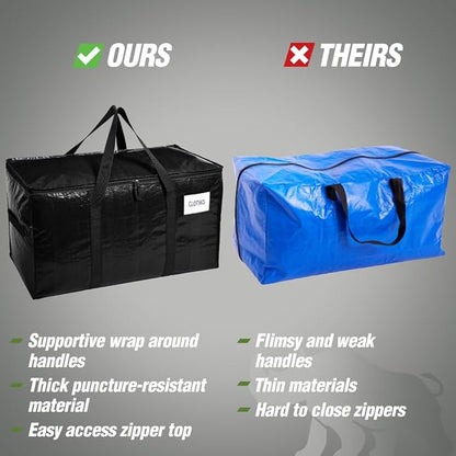 RUGGED RHINO Heavy Duty Extra Large Moving Bags, Durable Bag with Strong Handles and Zipper, Moving Boxes Alternative for College Packing, Holiday Décor, Space Saving Storage with Label, 2 Pack Black