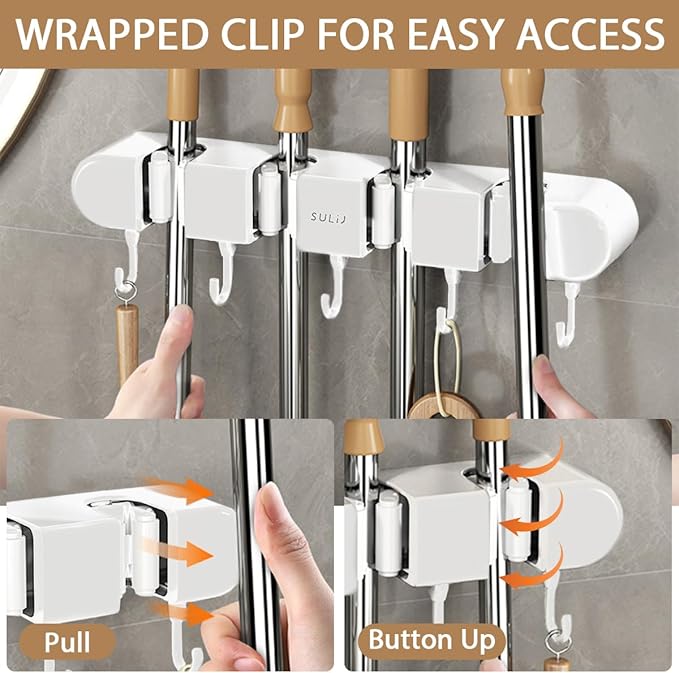2Pcs Broom Holder Wall Mount, No-Drilling Self-Adhesive Mop and Broom Storage Rack with Hooks (4 Racks with 5 Hooks), Wall-Mounted Broom Hanger for Bathroom, Kitchen, Closet, Garage (White ﻿)
