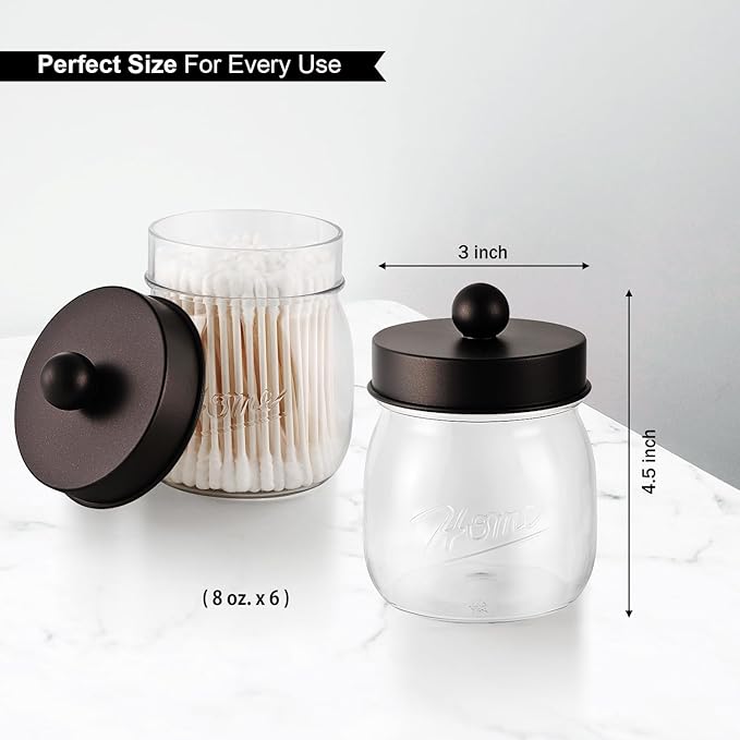 6 Pack Qtip Holder Bathroom Set, SheeChung Plastic Mason Jar Apothecary Jar Set for Bathroom Vanity Storage Organizer, Farmhouse/Home Decor, 12 Labels (Bronze)