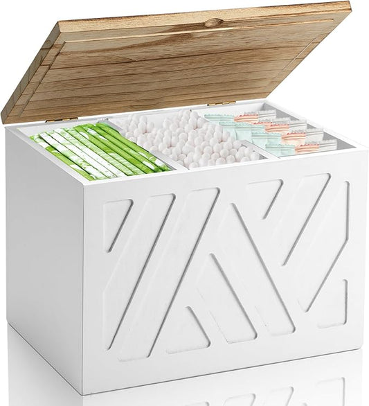 Tampon Holder for Bathroom, Feminine Product Organizer, Pad Organize Case with Lid, Shark Week Wooden Tampon Storage Decor, Lady Girl Stuff Box for Toilet Bathroom Accessories- White