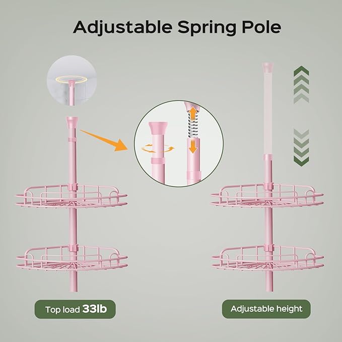 HAMITOR Corner Shower Caddy Tension Pole: 4-Tier Rust-Resistant Adjustable Bathroom Organizer Shelves - 47-121 Inch No-Drill Quick Installation - Space-Saving Storage for Renters Family - Pink