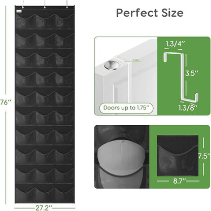 Baseball Hat Rack, 30 Pocket Over-The-Door Hat Organizer with Clear Deep Pockets to Display Baseball Caps Collection, Complete with 3 Over Door Hooks (Black, 30 Pockets)
