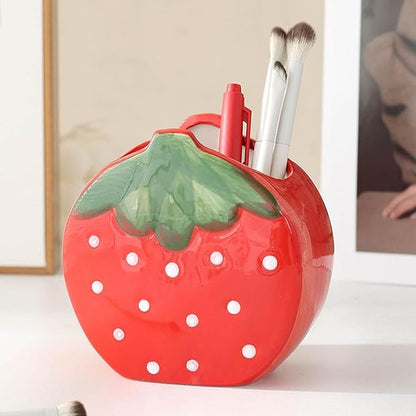 1 PC Ceramic Strawberry Makeup Holder Makeup Organizer Pen Holder Desktop Organizer (Red)