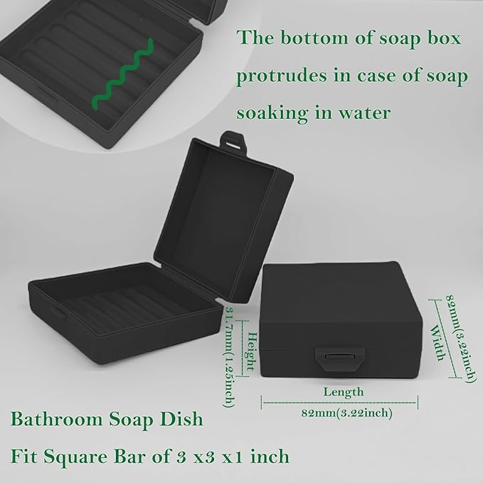 Soap Holder 2 Pack, Shower Bar Case Box Fit Dr Squatch, Waterproof Travel Container with Lid, Square Bathroom Soap Dish for Camping Gym Outdoor Traveling (Clear/Black)