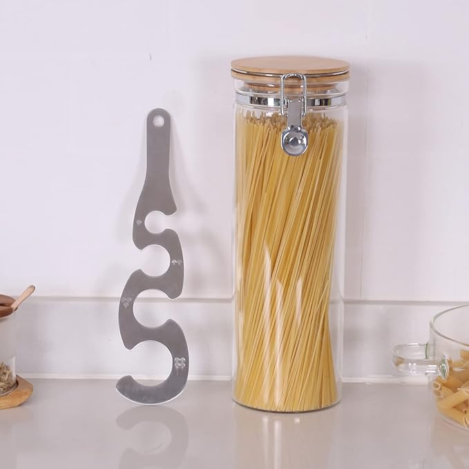 KKC HOME ACCENTS Glass Pasta Storage Container With Measuring Tool, Spaghetti Jar, Noodle Holder, Tall Container With Bamboo Lid, 68 Floz