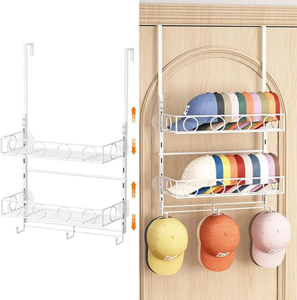 Over Door Hat Organizer 3 Tier Wall Mounted Hat Rack with 2 Adjustable Metal Basket and 3 Hooks Hat Organizer for Baseball caps Hat Hanger Holder Display for Door Closet, Cap Organizer Storage