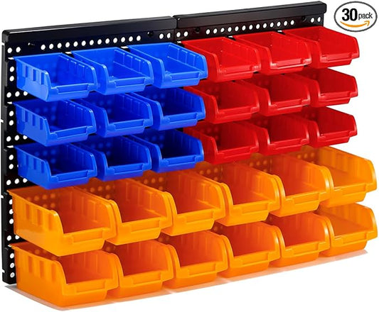 30-Bin Wall Mounted Storage Bins Kit, Tool Organizer Rack, Garage Hardware Organizer, Parts Storage Bins, DIY Combination(Red & Blue & Orange Type)
