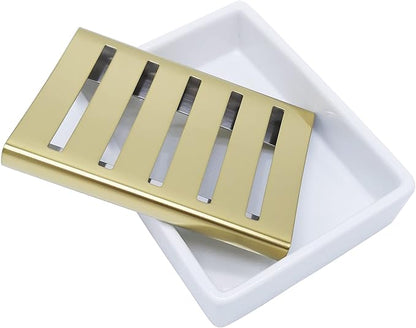 Ceramic Soap Dish Gold Stainless Steel Soap Holder for Shower and Bathroom Double Layer Draining Soap Box