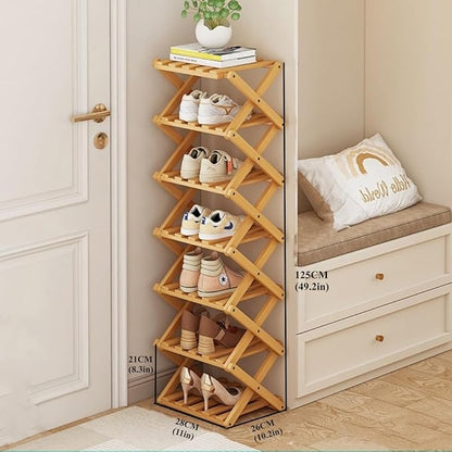 Foldable Shoe Rack, Bamboo Vertical Shoe Organizer Tall for Small Spaces. Multifunctional Narrow Shoe Shelf for Entryway, Closet, Corner, Bedroom, Hallway, Wood Color 7 Layers