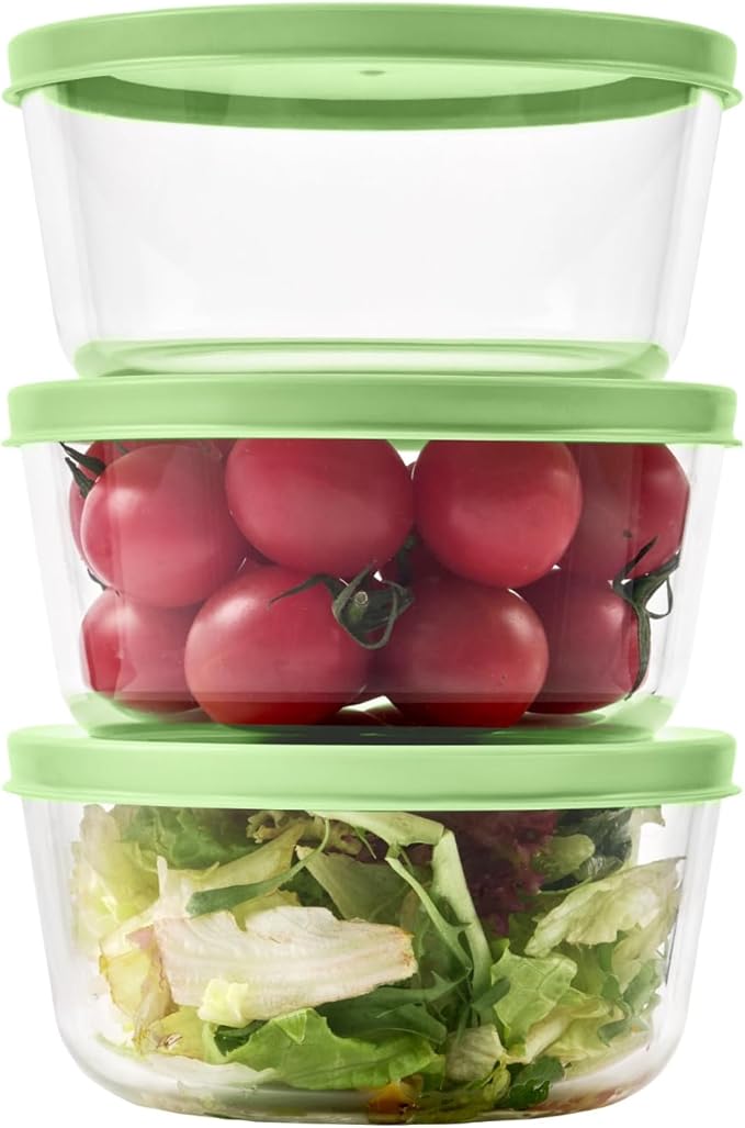 6-Piece Glass Food Storage Containers Set (3 Containers + 3 BPA-Free Lids) | 2-Cup, Leakproof | Microwave, Freezer, Oven & Dishwasher Safe | Ideal for Meal Prep & Pantry Organization, Pistachio