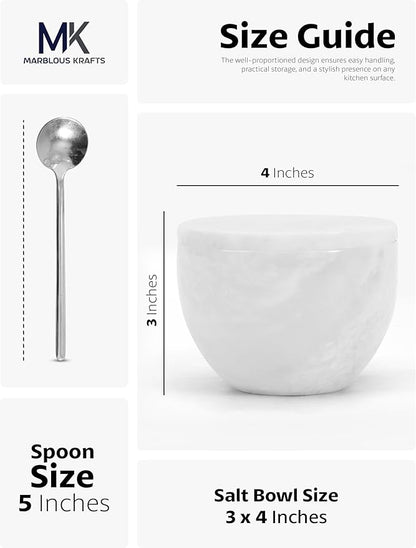 MARBLOUS KRAFTS Marble Salt Holder with Lid and Spoon 3 x 4 White Spice Jar for Kitchen Countertop, 4.7 oz, Ideal Seasonings, Sugar Bowl, and Salt Storage, gifts for mom
