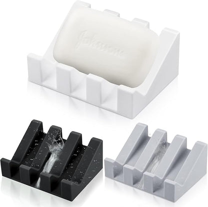 Cunhill 3 Pieces Silicone Soap Dish Self Draining Soap Dish Shower Waterfall Bar Soap Holder Tray with Drain Soap Saver for Kitchen Bathroom Accessories (Light Gray,Bright White,Black)