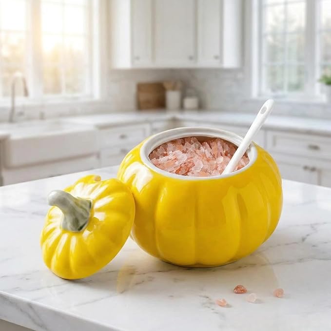 Ceramic Salt Cellar with Lid and Spoon, Salt Holder for Counter, Coffee, Sugar, Spices and Candies, Salt Containers for Countertop (yellow)