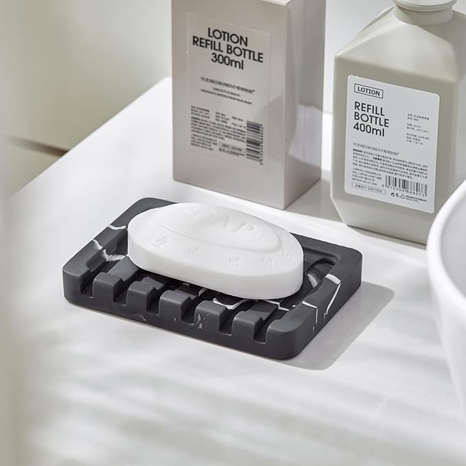 INIUNIK 2PCS Self Draining Soap Dish - Marble Look Soap Holder Tray Savers Box Container Sponge Holder for Bathroom Shower Kitchen, Black