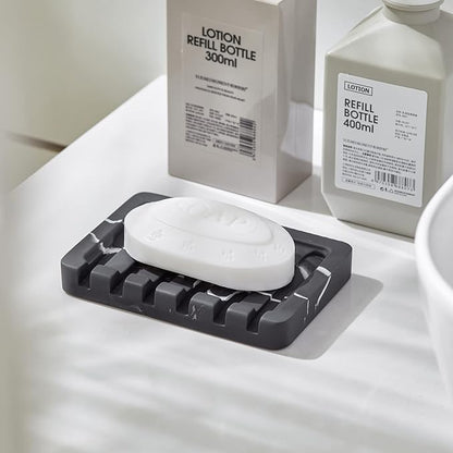 INIUNIK 2PCS Self Draining Soap Dish - Marble Look Soap Holder Tray Savers Box Container Sponge Holder for Bathroom Shower Kitchen, Black