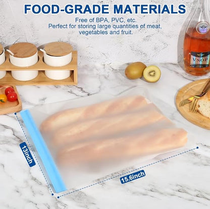Lerine Reusable 2 Gallon Freezer Bags Dishwasher Safe 13"x15.6", Leakproof BPA Free Reusable Freezer Bags 2 Gallon, Food Storage Bags for Marinate Meats, Vegetables, Home Organization(Gray,2Gallon)
