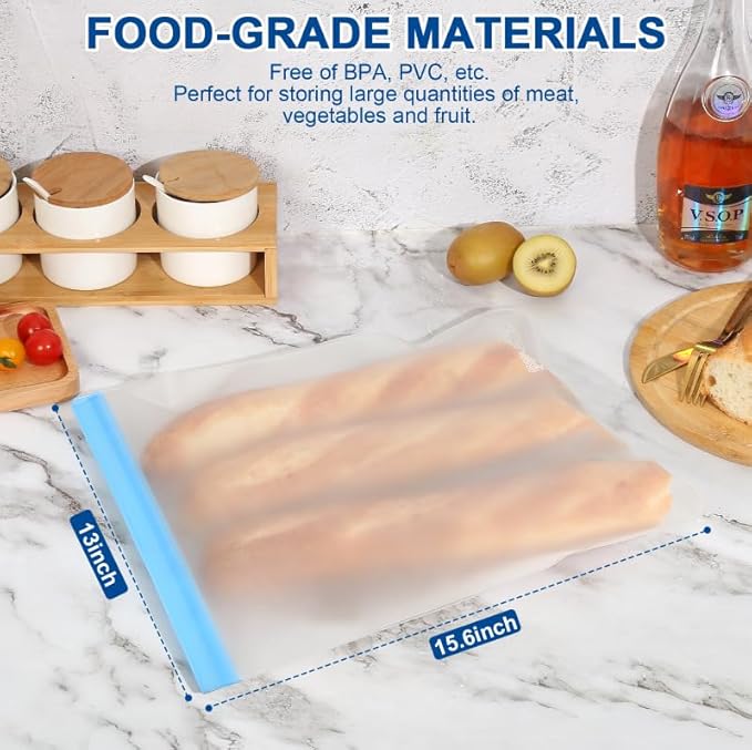 Lerine Reusable 2 Gallon Freezer Bags Dishwasher Safe, 13"x15.6", Reusable Freezer Bags 2Gallon Large Capacity, Leakproof BPA Free Food Storage Bags for Marinate Meats (Gray, 10 Pack 2 Gallon Bags)
