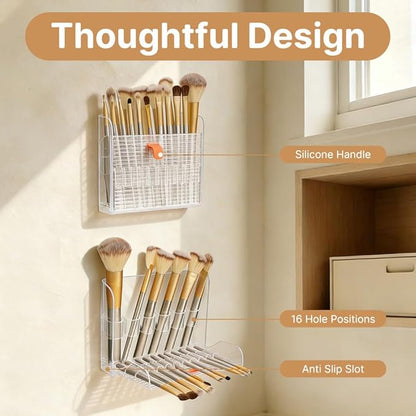 2 Pack Wall-Mounted Makeup Brush Holder, 16-Slot Eyeliner Lip Liner Organizer Holder, Makeup Organizer for Make Up Brush, Eyeliner, Lip Liner, Concealer Pencil Display Bathroom Countertop