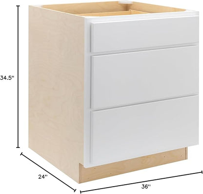 Quicklock RTA (Ready-to-Assemble) | Base Kitchen Cabinets - Shaker Style | Made in America (Pure White, 36" Wx34.5 Hx24 D 3 Drawer)