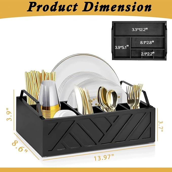 Paper Plate Dispenser with Utensil Caddy, Rustic Wooden 6-Compartment Flatware Organizer for Kitchen Counter, Picnic & Parties (Black)