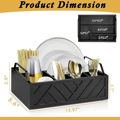 Paper Plate Dispenser with Utensil Caddy, Rustic Wooden 6-Compartment Flatware Organizer for Kitchen Counter, Picnic & Parties (Black)