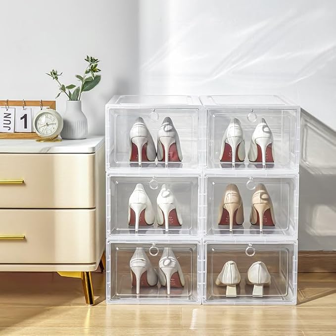 6 Pack JVedette Clear Shoe Storage Boxes Stackable Display | Large Capacity Sneaker Containers with Magnetic Side/Front Drop Door for Closet Organization | Plastic Shoe Organizer Bins
