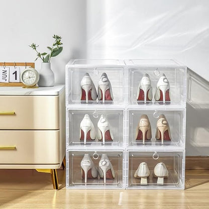 6 Pack JVedette Clear Shoe Storage Boxes Stackable Display | Large Capacity Sneaker Containers with Magnetic Side/Front Drop Door for Closet Organization | Plastic Shoe Organizer Bins
