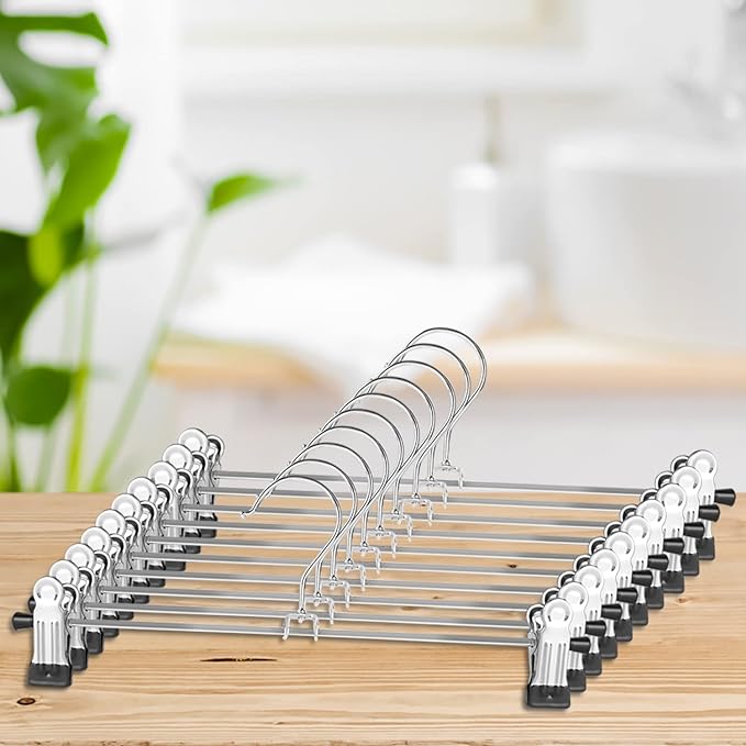 NORTHERN BROTHERS Pants Hangers 12 Pack Skirt Hangers with Clips Metal Adjustable Hanger for Pants Trousers Men Women Kids Clothes
