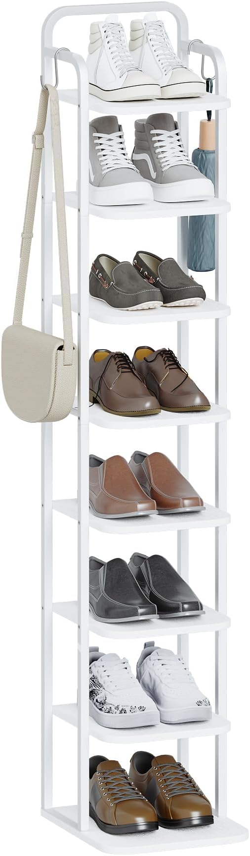 Hzuaneri 8 Tiers Vertical Shoe Rack, Narrow Shoe Tower, Tall Shoes Shelf with 2 Hooks, Adjustable Shelves, Corner Shoes Shelves for Small Spaces, Entryway, Living Room, White SR04313W