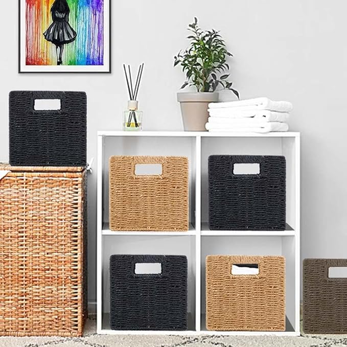 6 Pack 8.7 Inch Wicker Baskets, Hand Woven Paper Rope Storage Baskets, Foldable Cube Storage Bins Organizer Square Wicker Cubes for Shelves Pantry Organizing & Decor