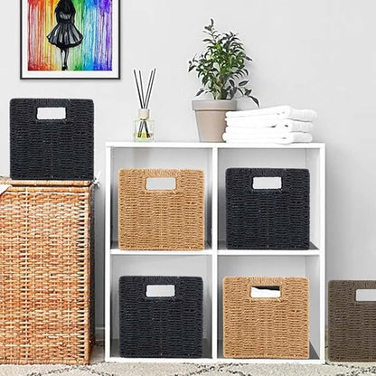 6 Pack 8.7 Inch Wicker Baskets, Hand Woven Paper Rope Storage Baskets, Foldable Cube Storage Bins Organizer Square Wicker Cubes for Shelves Pantry Organizing & Decor
