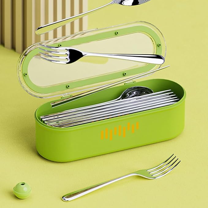 Silverware Organizer with Lid and Drainer, Covered Utensil Tray for Kitchen Drawer and Countertop, Green Plastic Cutlery and Flatware Storage Box for Spoons Forks Knives Holder Case
