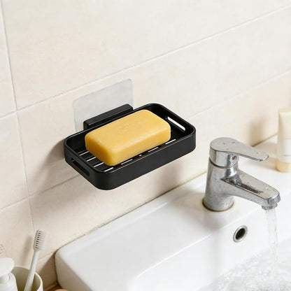 Shower Soap Dish Soap Bar Holder, 2 Pcs Soap Holder for Shower Wall, Plastic No Drill Adhesive Mount Removable Soap Saver Sponge Holder for Bathroom Kitchen Sink, Black