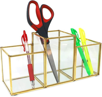 Isaac Jacobs 3-Compartment Makeup Brush Holder, Vintage Style Brass and Glass Organizer, (9.3” L x 3.1" W x 4.5" H) Storage Solution with Mirror Base & Taller Center Slot, for Makeup, Crafts, & More