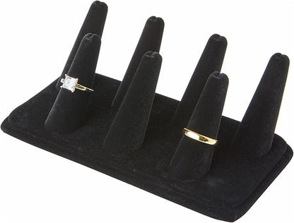 Plymor Black Velvet Ring Finger Display, Seven on Rectangular Base, 6.75" W x 3.5" D x 2.25" H (Pack of 2)