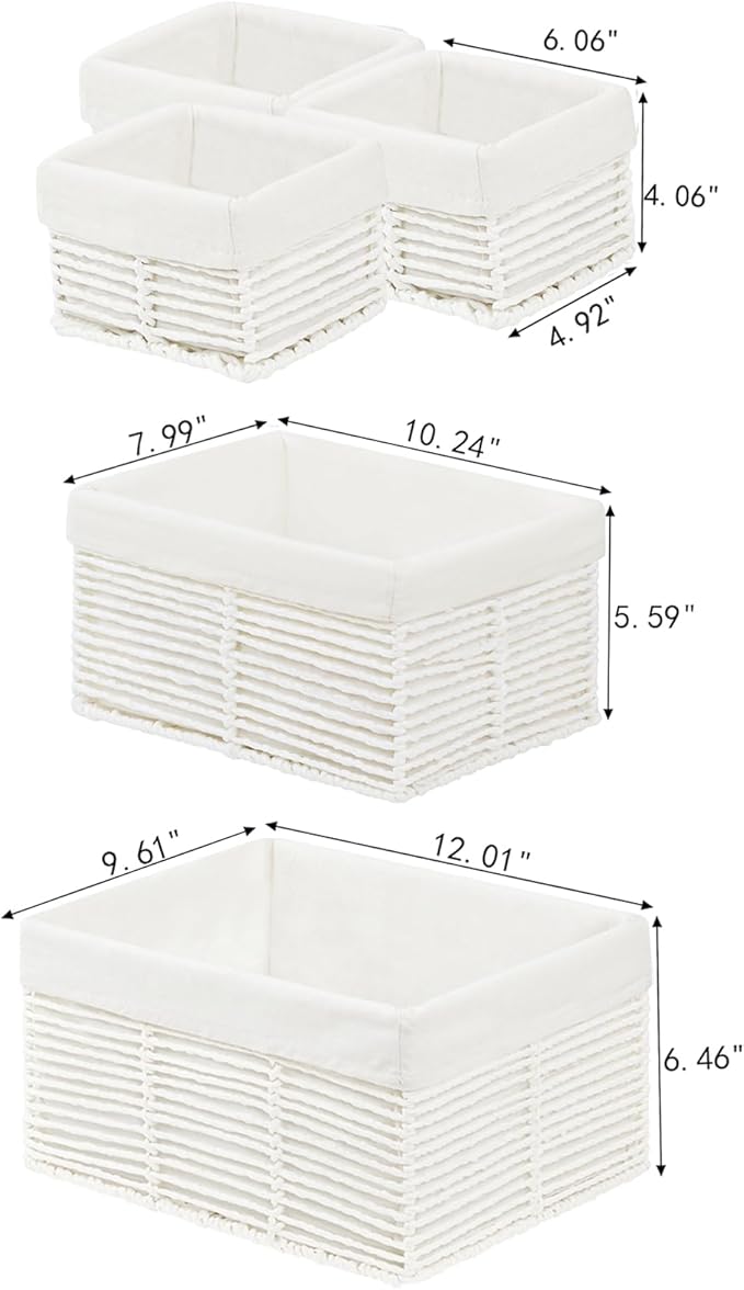 Vagusicc Wicker Storage Basket, Hand-Woven Paper Rope Woven Baskets, Rectangular Small Wicker Baskets for Organizing, Cube Storage Bins for Closet/Clothes/Dresser, White, 5-Pack