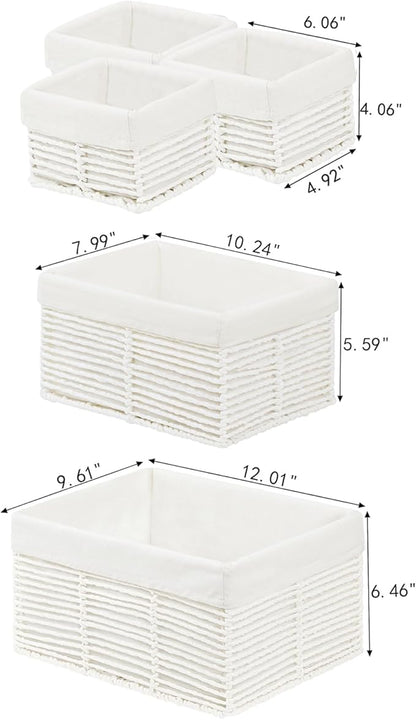 Vagusicc Wicker Storage Basket, Hand-Woven Paper Rope Woven Baskets, Rectangular Small Wicker Baskets for Organizing, Cube Storage Bins for Closet/Clothes/Dresser, White, 5-Pack