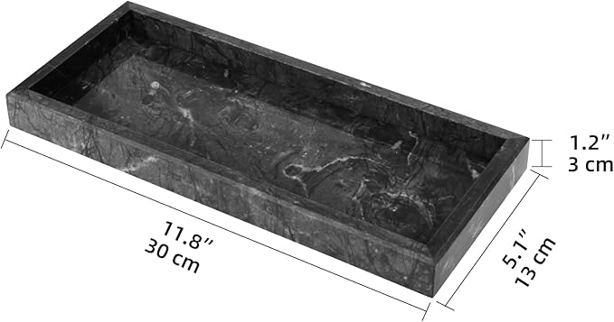 Marble Bathroom Vanity Tray, Natural Luxury Vanity Home Kitchen Bathroom Table Tray, Stone Decorative Countertop Dresser Trays for Key Coffee Perfume Jewelry Makeup (Black, 12"x 5" x1.2")