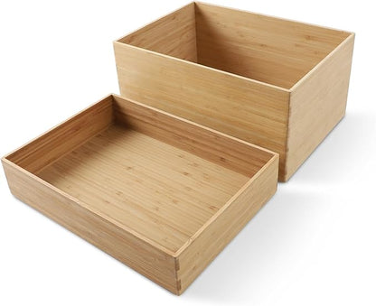 BAMOTTO CRAFTBAMBOO 2-Piece Large Bamboo Storage Box Set - 7.1in High Stackable Deep-Drawer Organizer, Lidless Bin for Kitchen Cutlery Utensils, Home & Office (14.6"x10.2"x7.1"+14.6"x10.2"x3.1")