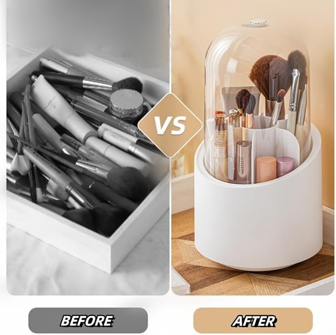 Fantasee 360° Rotating Makeup Brush Organizer, 7-Compartment Storage with Transparent Dustproof Cover, Cosmetic Tools Storage Holder for Bathroom Vanity Countertop (Fresh Green, Cylindrical)