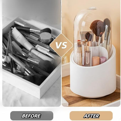 Fantasee 360° Rotating Makeup Brush Organizer, 7-Compartment Storage with Transparent Dustproof Cover, Cosmetic Tools Storage Holder for Bathroom Vanity Countertop (Fresh Green, Cylindrical)