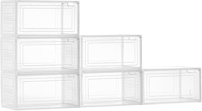 VEVOR Shoe Storage Boxes, 6 Pack Clear Stackable Shoe Boxes Storage Organizers with Magnetic Door, Fit up to US Size 13, Plastic Sneaker Containers for High Heels, Boots, and Hats, Transparent White