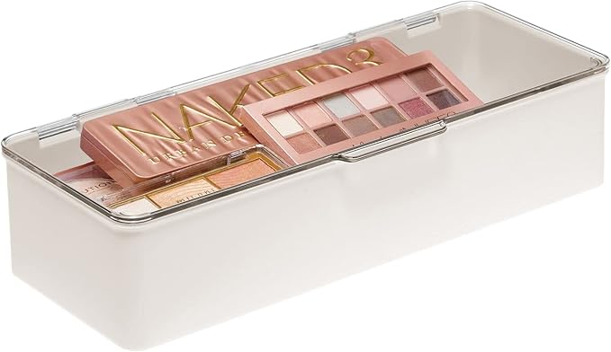 mDesign Long Plastic Cosmetic Storage Organizer Box Containers, Hinged Lid for Bedroom, Bathroom Vanity Shelf or Cabinet, Holds Masks, Palettes, Lotion, Nail Polish, 2 Pack, Cream/Beige/Clear