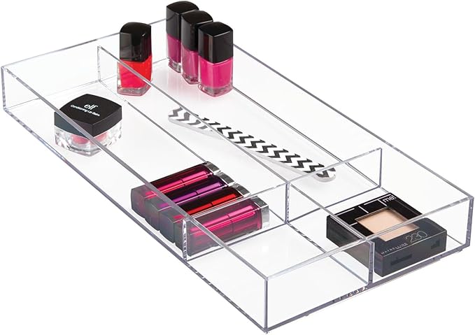 mDesign Plastic Divided Makeup Organizer Holder Tray for Bathroom Drawer, Vanity, Countertop Storage - Cosmetic Organization Holds Palettes, Brushes, Accessories - Lumiere Collection - Clear