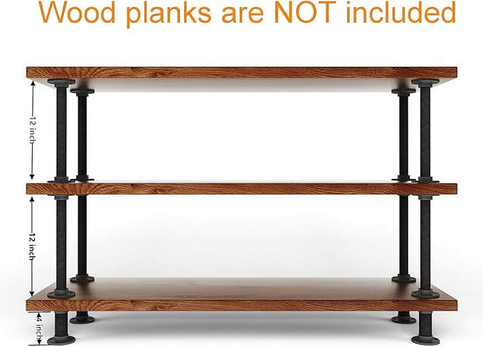 MUZIK 3-Tier Industrial Pipe Table Leg Set, Iron Base Legs Rustic Iron Pipe Shelves for Shoe Rack, Kitchen Rack, Storage Organiser, Bookcase, Wood Planks NOT Included