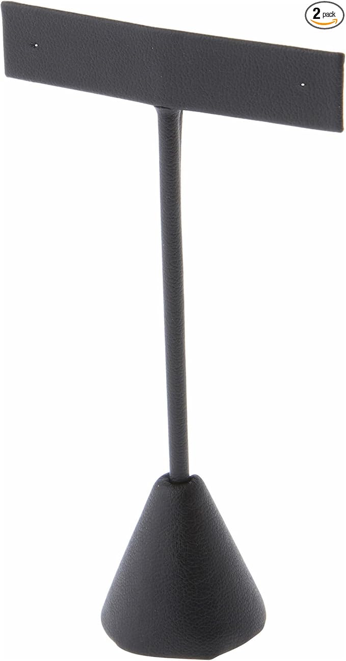 Plymor Black Faux Leather T Style, Single Pair Earring Display Stand, 2.5" W x 1.25" D x 4.5" H (Pack of 2)