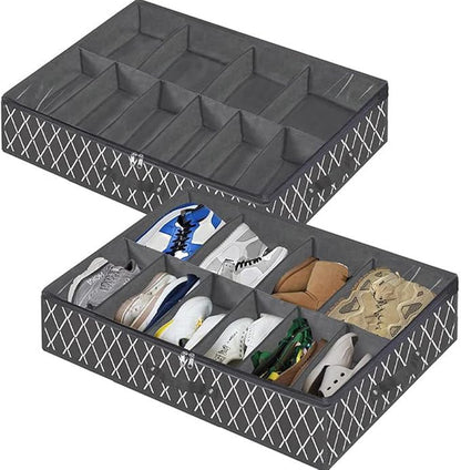 PRETYZOOM Bed Shoe Storage Container Large Capacity Shoe Organizer Box with Zipper Lid Foldable Non-woven Fabric for Closet and Entryway