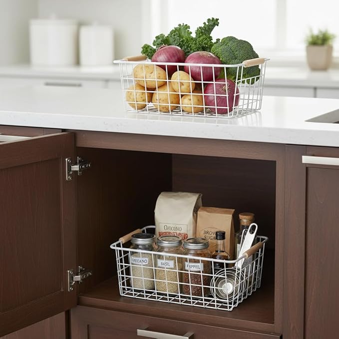 White Metal Wire Food Storage Basket with Wooden Handles for Organizing Snack Basket,Pantry Organizers and Storage for Kitchen Cabinets 4 Pack (Medium)
