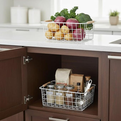 White Metal Wire Food Storage Basket with Wooden Handles for Organizing Snack Basket,Pantry Organizers and Storage for Kitchen Cabinets 4 Pack (Medium)